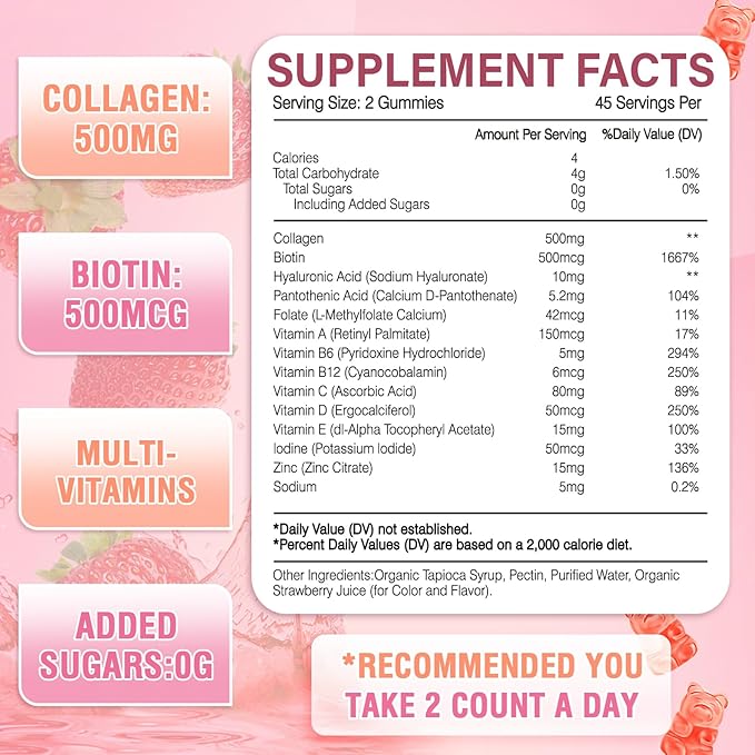 180 Count Collagen Gummies Collagen Protein Type I II III V X with Biotin Vitamin C A B D E Keratin Hyaluronic Acid for Hair Skin Nails Joint Immune Digestion Women Men Sugar Free Strawberry