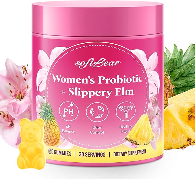 softbear Womens Probiotic Slippery Elm Gummies, Feminine Vaginal Probiotics Pineapple Gummies for Women pH Balance & Flora Health, Vegan/Sugar-Free/Non-GMO, 60 Count