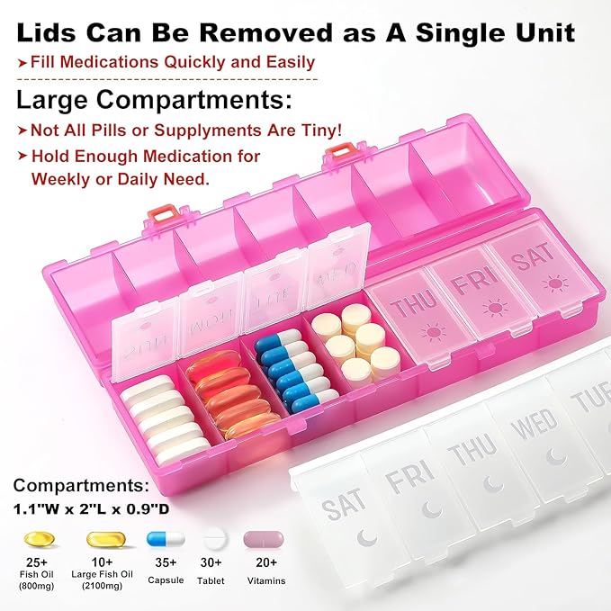Foldable Pill Organizer 2 Times a Day w/Etched Labels -Dual Protection & Portable Weekly AM PM Pill Box, 7 Day Medicine Container, Large Travel Pill Case for Week Daily Supplement Vitamin -Clear Pink