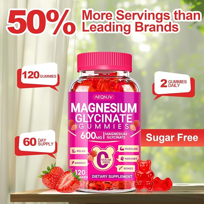 Magnesium Glycinate Gummies 600mg, Chewable Sugar Free Potassium Magnesium Gummies with Magnesium Glycinate, Vitamin D, B6 and CoQ10 for Sleep, Relaxation, Brain and Muscle, 60 Days Supply