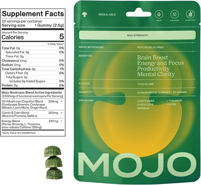 Mojo Extra Strength Focus Gummies with Lion’s Mane, Cordyceps, Ginseng & L-Theanine - Mushroom Gummies Brain Supplement for Adults, Memory/Energy Support, Focus Fuel, Yuzu Lime (1 Pack)