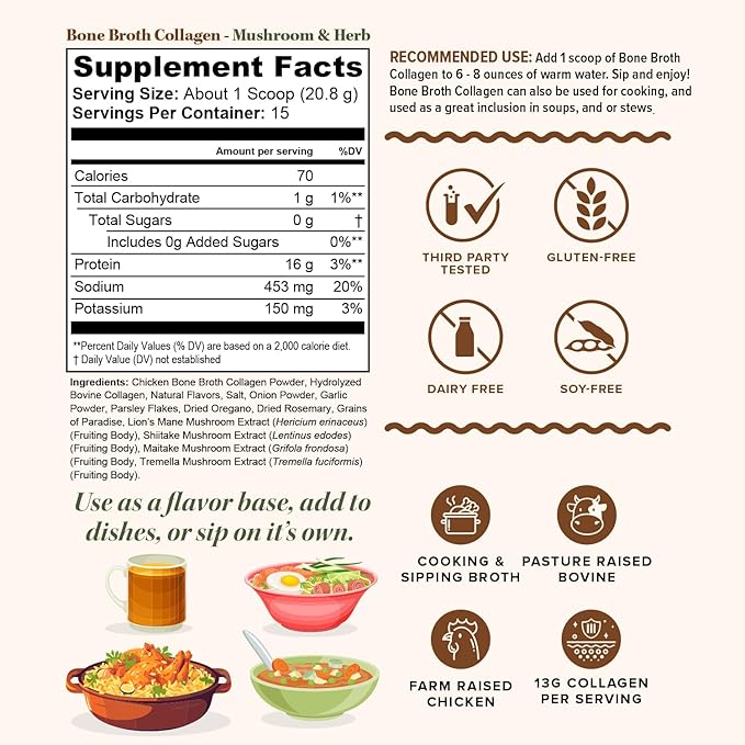 Bone Broth Collagen Powder 16g Collagen Protein per Serving Supports Joints Skin Nails & Gut Health Made from Real Beef Bone Broth Savory Collagen for Soups & Stews Mushrooms Herb Flavored 15 Servings