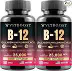 VITBOOST B12 Methylcobalamin with Hyaluronic Acid, Collagen, and Folate – 25000 mcg Supplement Enhance Absorption & Boost Energy | Gluten-Free, Made in USA, B1, B2, B3, B6, B7 Complex - Pack of 2