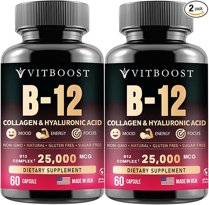 VITBOOST B12 Methylcobalamin with Hyaluronic Acid, Collagen, and Folate – 25000 mcg Supplement Enhance Absorption & Boost Energy | Gluten-Free, Made in USA, B1, B2, B3, B6, B7 Complex - Pack of 2