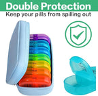 Serfeymi Weekly Travel Pill Organizer 2 Times A Day AM PM Upgraded Rainbow Pill Box 7 Day with Portable Zipper PU Leather Pill Case, Medicine Organizer for Pills, Vitamins, Fish Oils - Blue 01
