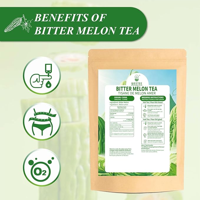 WT WEETEE Bitter Melon Tea Bags, Zero Sugar Tea, 100 Count Made with 100% Pure Natural Bitter Melon, Caffeine-free Momordica Charantia Tea