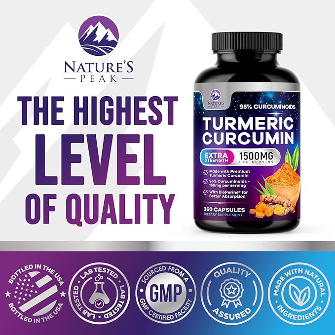 Turmeric Curcumin Supplement - 1350mg Organic Turmeric Per Serving - 95% Curcuminoids & BioPerine Black Pepper Extract for Best Absorption - Natural Vegan Joint Support, Bottled in USA - 360 Capsules