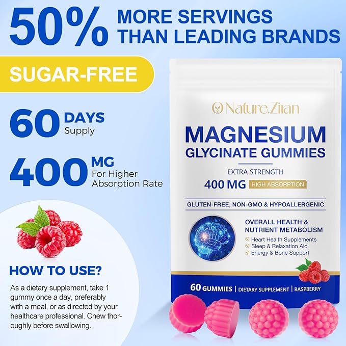 Magnesium Glycinate Gummies 400mg, for Women and Men, Body Support and Relaxation, 60 Gummies