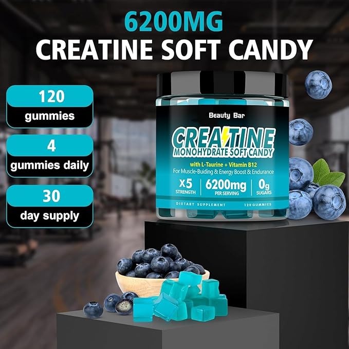 Creatine Monohydrate Gummies,6200mg for Men & Women, Chewable Creatine for Enhanced Muscle Growth, Strength, and Recovery, Sugar Free Pre-Workout Supplement,120 Count,Blueberry Flavor
