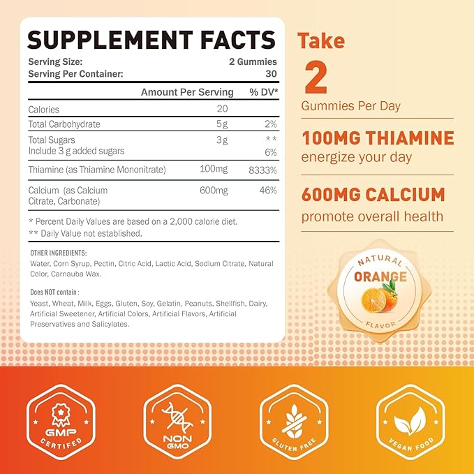 Vitamin B1 Gummies 100mg for Adults & Kids, Thiamine B1 Supplement with 600mg Calcium, Nervous System Supports & Boost Energy, Orange Flavor, Non GMO, Vegan, 60 Chewable Gummies