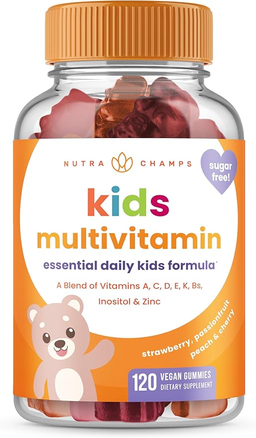 NutraChamps Kids Multivitamin Gummies | Sugar Free 120 Gummy Vitamins for Kids | Vegan & Non-GMO | Strawberry, Passionfruit, Peach & Cherry