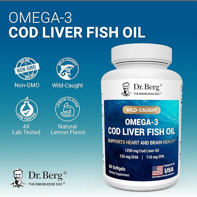 Dr. Berg Omega-3 Cod Liver Fish Oil 60 Softgels – Wild-Caught Icelandic Cod – Omega 3 EPA & DHA – Heart, Brain, Immune & Eye Support* – Lemon Flavor – 4X Lab-Tested – Non-GMO, No Fillers