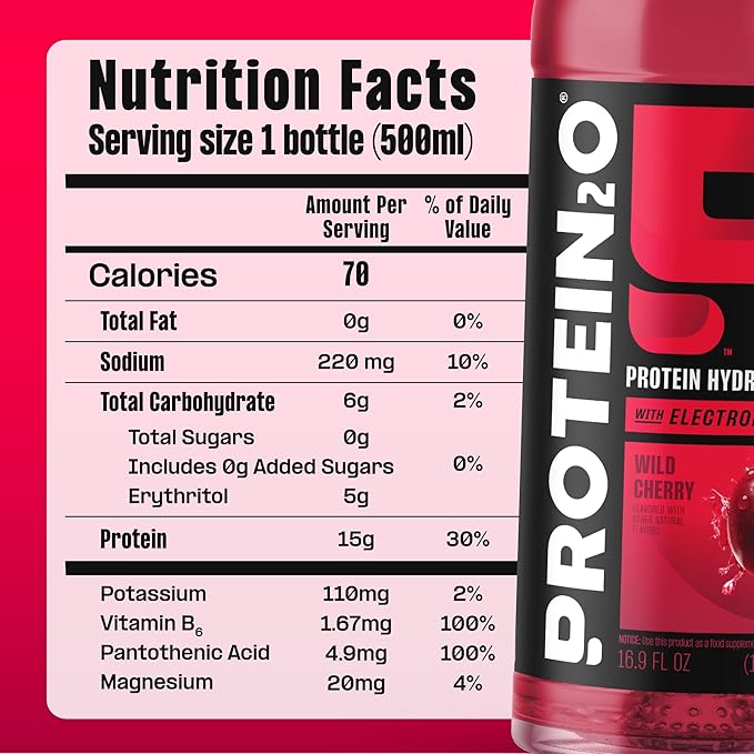 Protein2o Hydration Drink - 2-in-1 Liquid Clear Whey Protein Isolate and Electrolyte Drink - 15g Protein,Vitamins B5,B6 - Post-Workout Recovery - 16.9 Fl Oz - Wild Cherry,(Pack of 24)