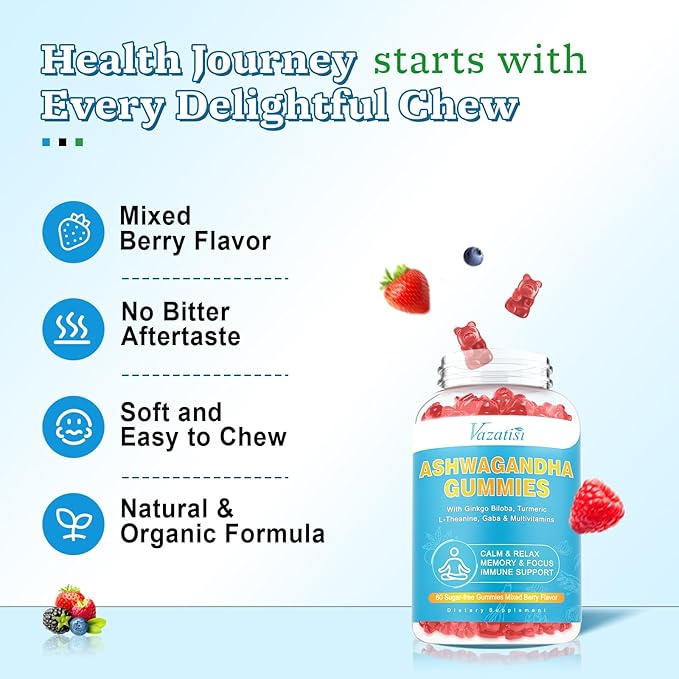 2 Pack Ashwagandha Gummies with Turmeric GABA Mood Energy and Immune Support, Mixed Berry Flavor 120 Cts