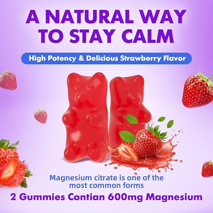 Magnesium Citrate Gummies 600mg for Women Men, High Absorption Magnesium Supplement Gummies for Calm, Relaxation, Muscle Health, Vegan, Strawberry Flavor, 60 Count