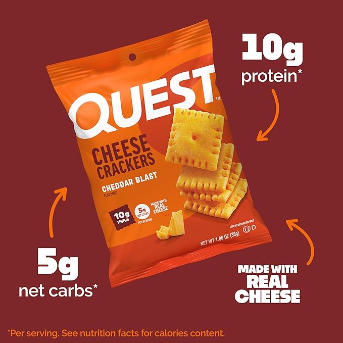 Quest Nutrition Cheese Crackers,Cheddar Blast,10g Protein,5g Net Carbs,1g Sugar,Made with Real Cheese,High Protein Snack, (1.06 oz Bags),(Pack of 24)