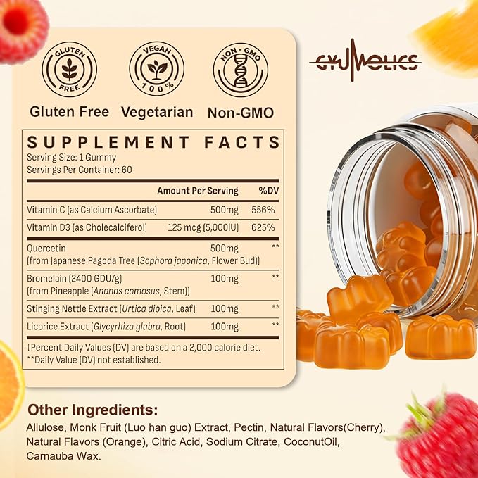 Quercetin 500mg Gummies for Kids – with Bromelain, Vitamin C & D3, Stinging Nettle & Licorice, Seasonal Balance & Body Defenses, Vegan, 120 Gummies