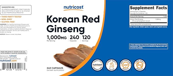 Nutricost Korean Ginseng 1000mg Serving, 240 Capsules - 500mg Per Capsule, 120 Servings - Korean Panax Red Ginseng - Gluten Free & Non-GMO