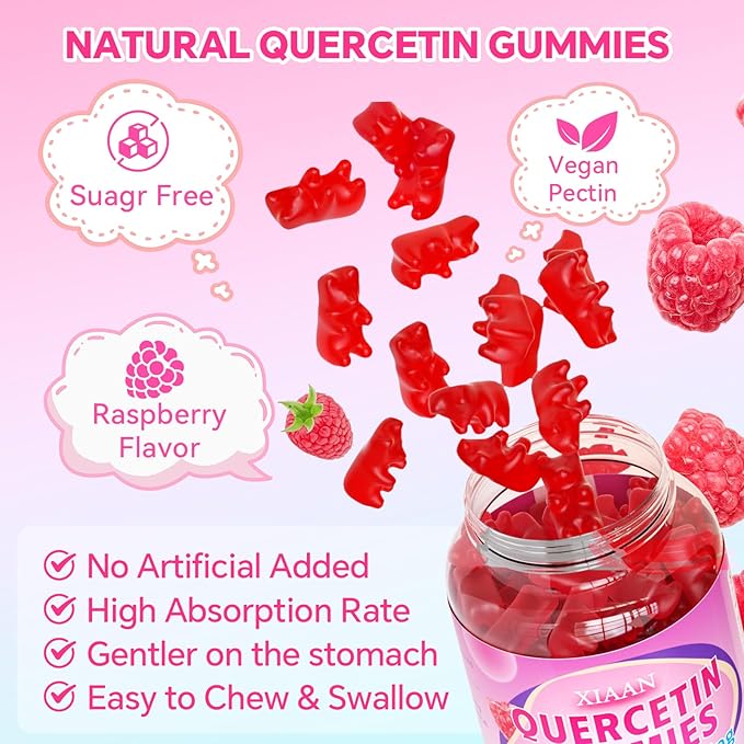 Quercetin Gummies 500mg for Kids & Adults, Organic Quercetin Supplements with Bromelain Zinc Vitamin C and D3 Support Antioxidant & Immune System Health, Raspberry Flavor 60 Count