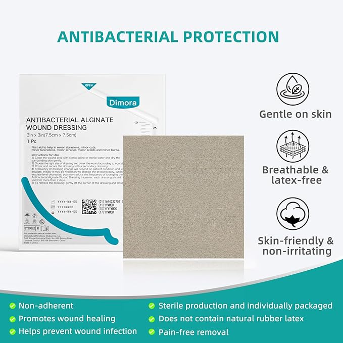 Dimora Upgrade Silver Calcium Alginate Wound Dressing -Antibacterial Non Stick Gauze for Wounds Care, Highly Absorbent Sterile Bandage Pads with Ag, 2'' x 2'' Patches 12 Packs Individual