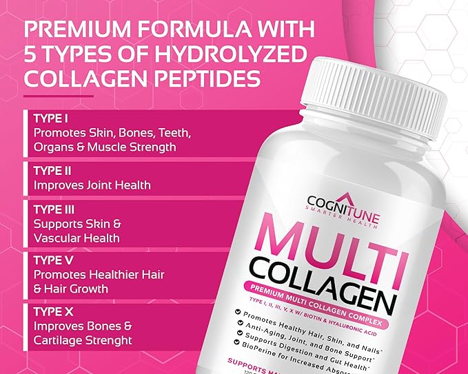 CogniTune Multi Collagen Peptides for Women with Biotin, Hyaluronic Acid, Vitamin C - 5 Types I II III V X Colageno Hidrolizado - 2000mg Hair Skin Nails Joints Support - 120 Capsules