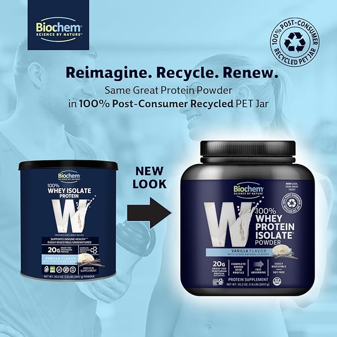 Biochem Whey Protein Isolate Powder - Vanilla Flavor, 20 Grams per Serving, Sourced from Grass Fed Cows, Non-GMO, Vegetarian, - Supports Muscle Mass & Performance