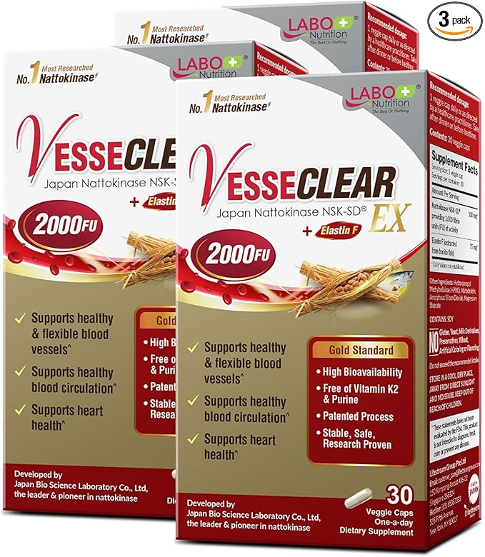 LABO Nutrition VesseCLEAR EX: Artery Cleanse & Elasticity Support Supplement | Blood Pressure, Circulation, Clean Arteries Heart Health Formula | Nattokinase NSK-SD + Elastin F | DR Capsules [3 Pack]