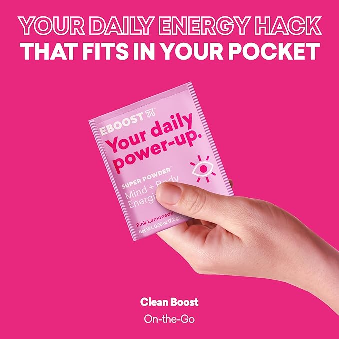 EBOOST Super Powder Drink Mix - Pink Lemonade 0.2 oz 20 Pack Hydration Energizer Electrolytes Powder - 13 Vitamins & Minerals - 110 mg Caffeine - 0 Added Sugar - No Artificial Flavors or Sweeteners