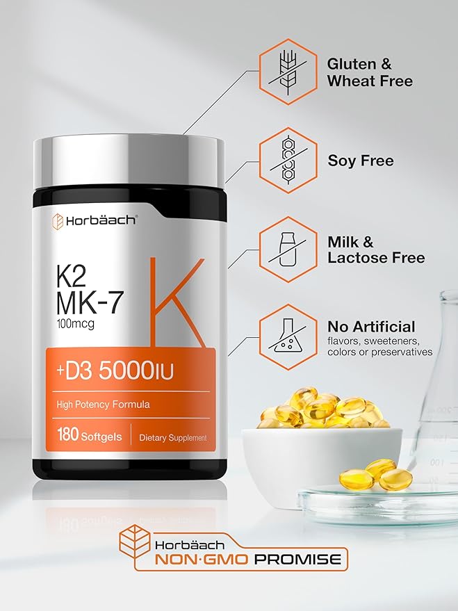 Horbäach Vitamin D3 K2 5000 iu | 100mcg MK-7 Complex | 180 Softgel Capsules | Non-GMO & Gluten Free Supplement