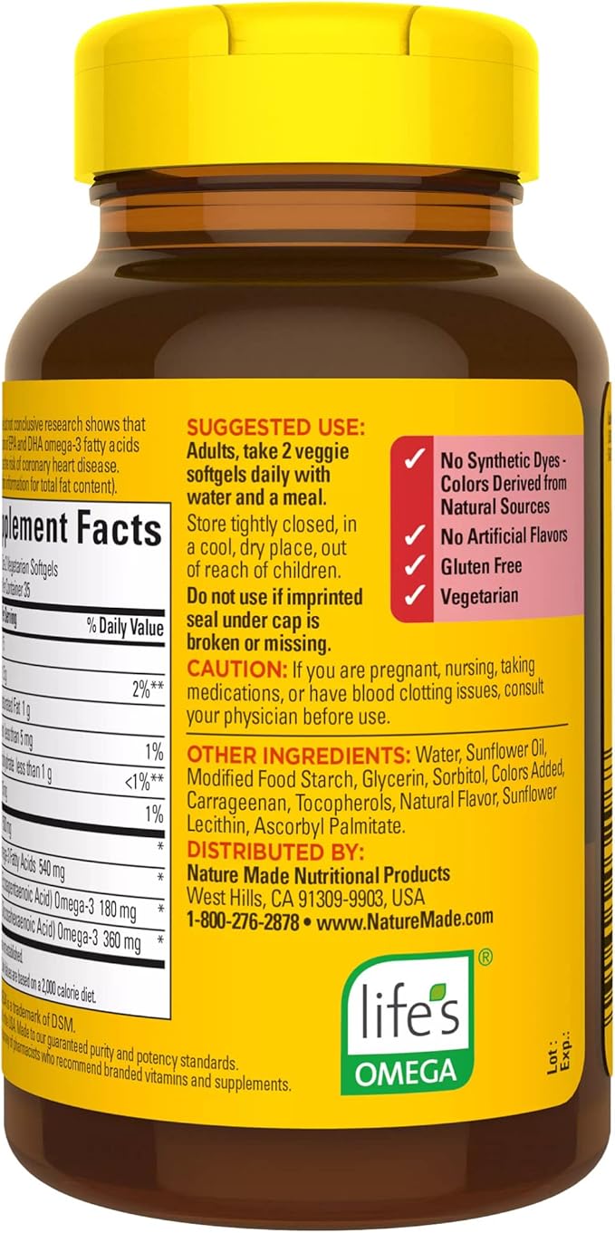 Nature Made Algae Oil Omega 3 Supplement 540mg, Omega 3 Fish Oil Alternative, 70 Veggie Softgels, Sustainable, Plant-Based, for Healthy Heart, Brain, and Eye Support, 70 Softgels,(Pack of 2)