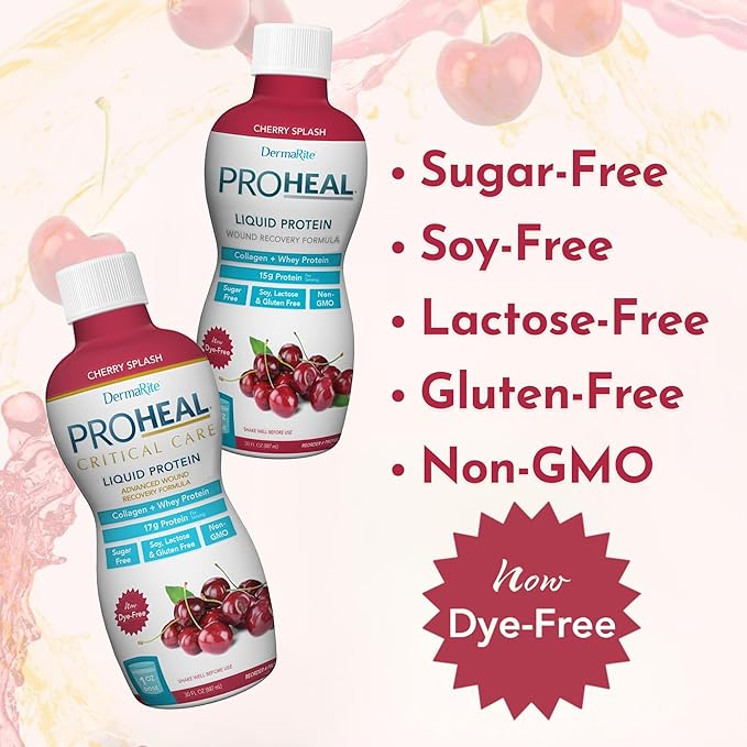 DermaRite's ProHeal Protein Supplement - Liquid Protein Wound Recovery Formula, 15g of Collagen & Whey Protein - Cherry Splash Flavor, 30 oz., 6 Count
