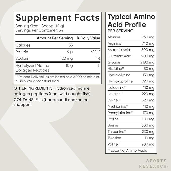 Sports Research Marine Collagen Peptides Powder - Sourced from Wild-Caught Fish, Pescatarian Friendly, Keto Certified & Non-GMO Tested - Easy to Mix in Water or Juice! (34 Servings)