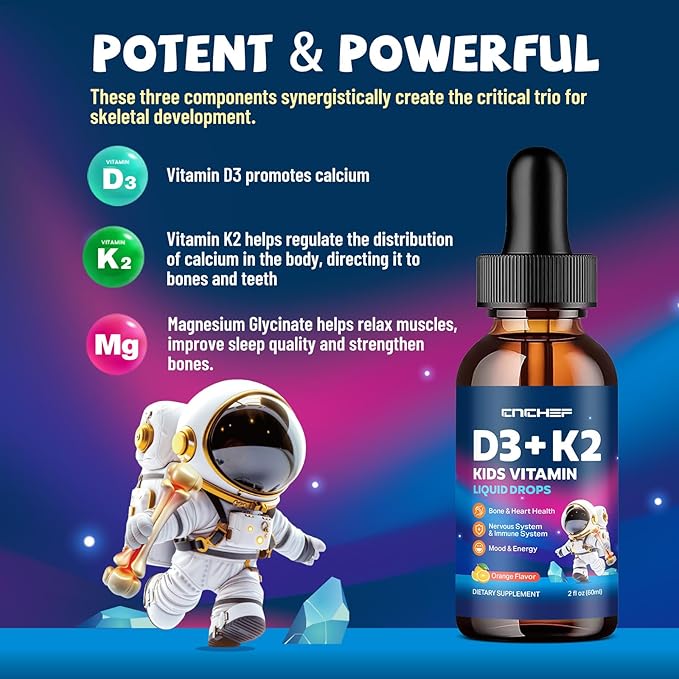 2PCS Vitamin D3 K2 Drops for Kids - Liquid Supplement with Magnesium for Calcium Absorption, Joint Health, Teeth & Heart - Non-GMO, Vegan, Orange, 4 Fl Oz - Kids Ages 4+