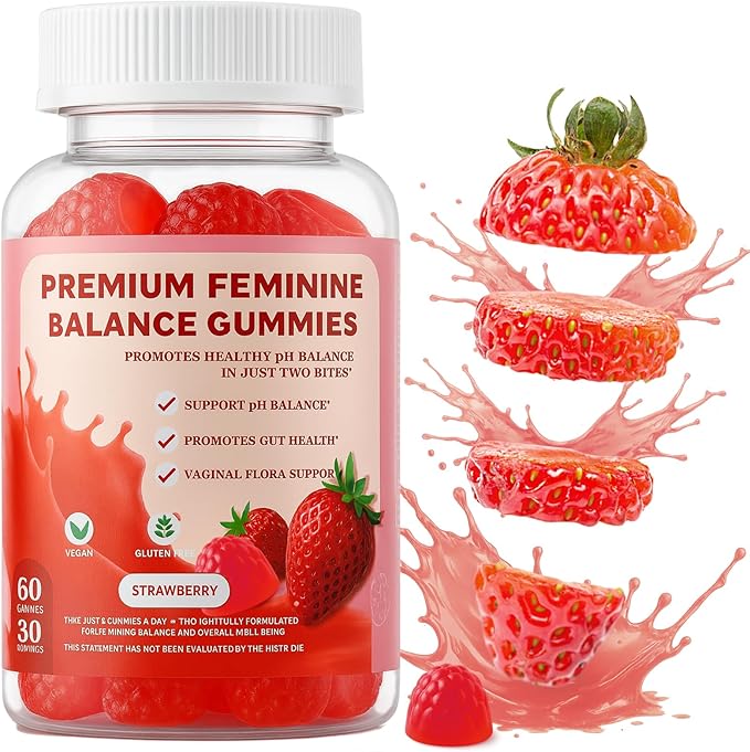 Vaginal Probiotic Feminine Gummies for Women – pH Balance Support & Vitamin C, Strawberry Flavor, Vegan, Sugar-Free, Non-GMO, 60 Gummies (30 Servings)