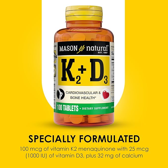MASON NATURAL Vitamin K2 + D3, 100,Day Supply, with Calcium for Normal Bone and Muscle Support, Tablets