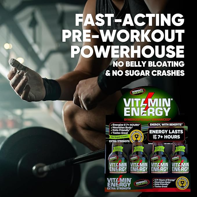 Vitamin Energy Workout+ Extra Strength Energy Shot Sour Apple 24 Pack, 260mg Natural Caffeine, Pre-Workout, B-Vitamins, Minerals, Endurance & Performance, Zero Sugar, Gluten-Free, Vegan, 1.93 fl oz