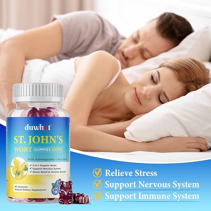 duwhot St John's Wort Gummies 600mg, 3 in 1 Organic Herbal Supplements for Stress Relief, Nervous System Support, with Ashwagandha & Holy Basil Extract for Adults & Kids, Non-GMO, Vegan, 120 ct.