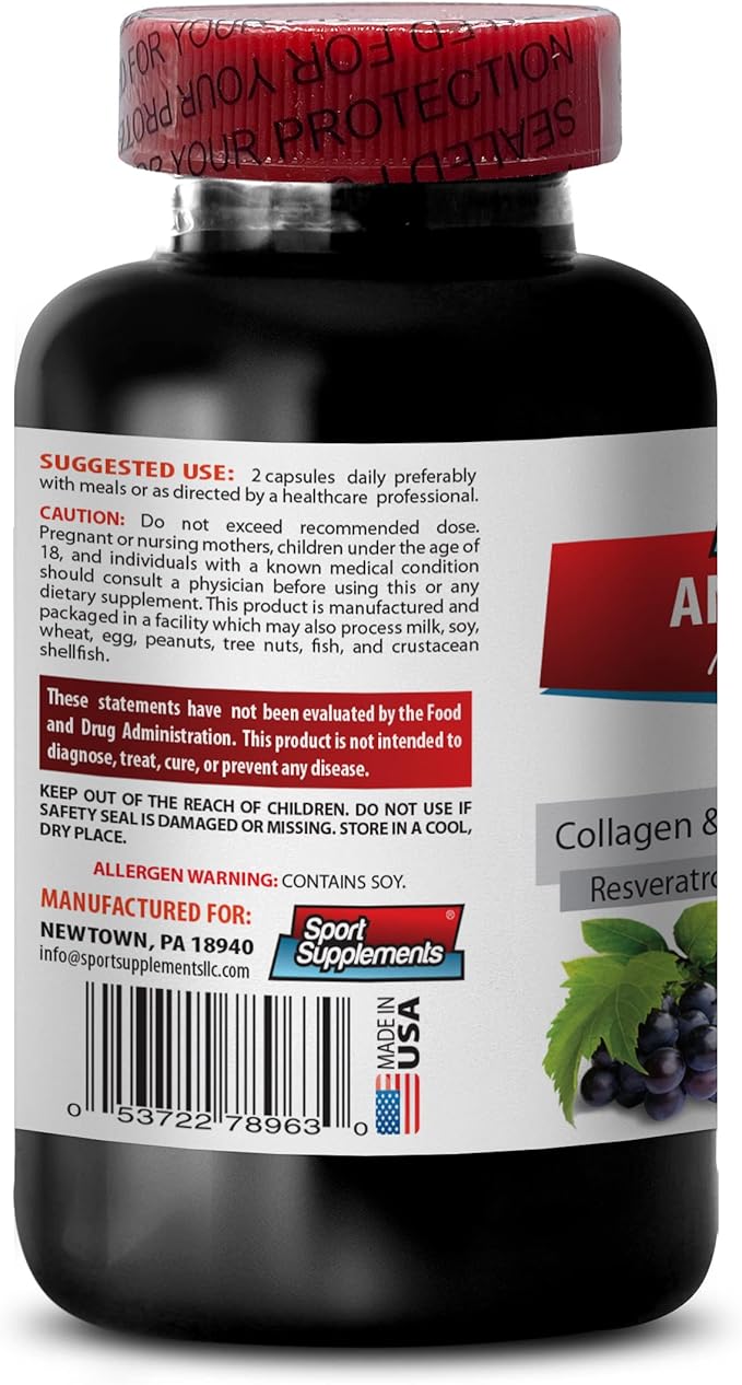 Resveratrol 2000 - Anti-Wrinkle Pills - Reducing oxidative Stress, Alpha lipoic Acid, Collagen, Aloe Vera Gel, hyaluronic Acid, Turmeric, Anti Aging Supplement, Anti Aging Pills 1 Bottle 60 Capsules