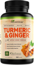 Nature's Base Turmeric and Ginger Supplement - with Curcumin, Apple Cider Vinegar & BioPerine Black Pepper Extract - 95% Curcuminoids - 240 Capsules