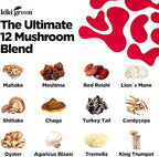 KIKI Green 12 Mushroom Supplement Gummies - Lion's Mane, Cordyceps, Chaga, Reishi, Turkey Tail & 7 More for Memory, Focus, Immunity - 60 Mushroom Gummies for Adults with Raspberry Flavor 10:1 Extract
