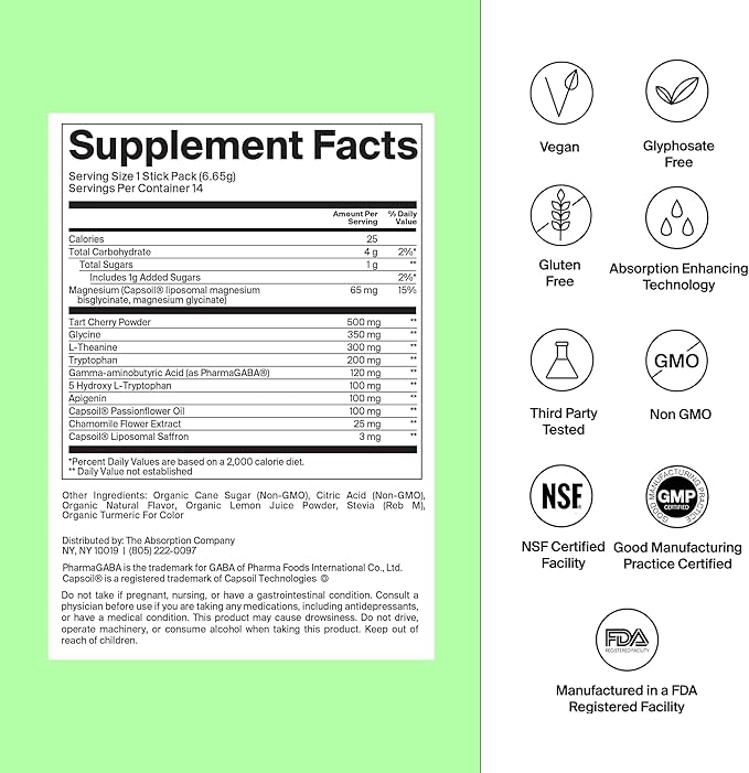 Sleep Aid Powder - Calming Drink for Deep Sleep with Liposomal Saffron, Magnesium & PharmaGABA Melatonin-Free Natural Supplement to Reduce Stress and Improve Sleep Quality Chamomile Lemonade 14 Sticks