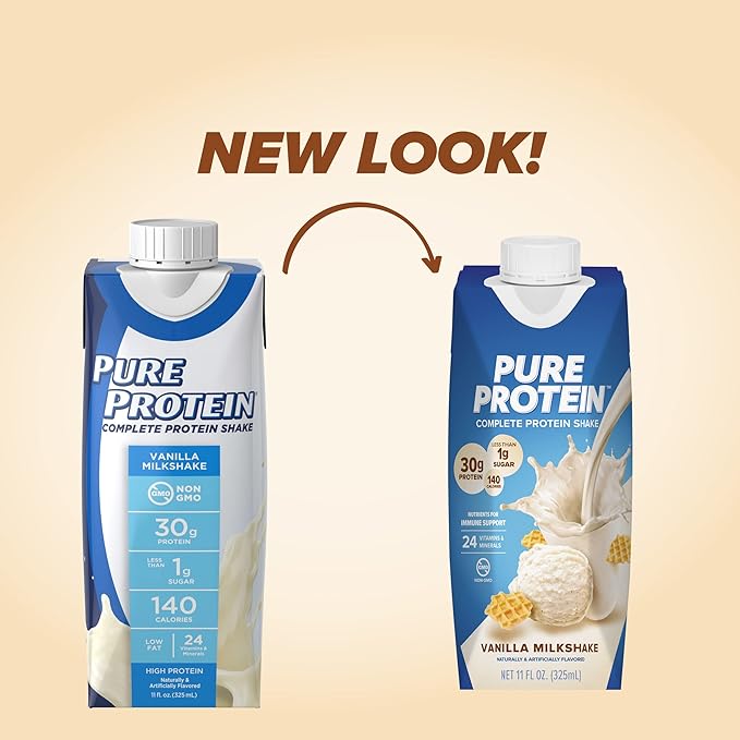 Pure Protein Vanilla Protein Shake,30g Complete-Protein,Vitamins A,C,D,and E plus Zinc to Support Immune Health,Ready to Drink and Keto-Friendly,11oz Bottles,(Pack of 24)