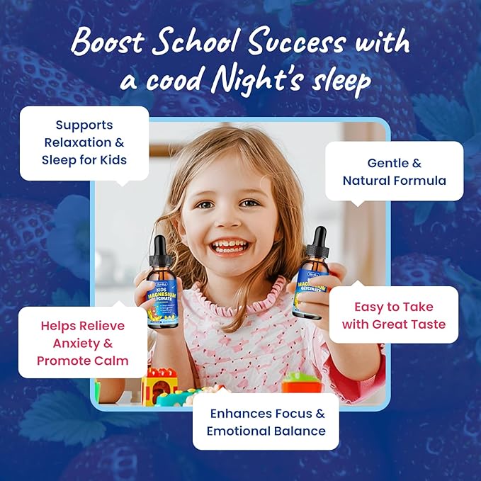 Magnesium Glycinate Liquid for Kids - with L-Theanine Omega-3, Vitamin B6, D3, Zinc - Kids Magnesium Drops for Sleep, Relaxation, Calm & Focus - 2 Fl Oz, Lemon Flavor