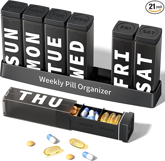 Betife Pill Organizer 3X a Day, Detachable Large Pill Box 7 Day, Daily 3 Times Pill Case, Travel Pill Container Holder, Weekly Medication Dispenser Pillbox for Vitamin Supplement Medicine（Black）