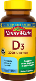 Nature Made Vitamin D3 2000 IU (50 mcg), Vitamin D Supplement for Bone, Teeth, Muscle and Immune Health Support, 90 Softgels, 90 Day Supply