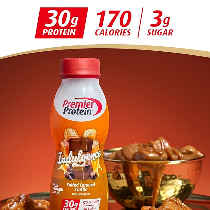 Premier Protein Shake INDULGENCE, Salted Caramel Truffle, 30g Protein, 170 Calories, 3g Sugar, 11.5 fl oz (Packaging May Vary), (Pack of 24)