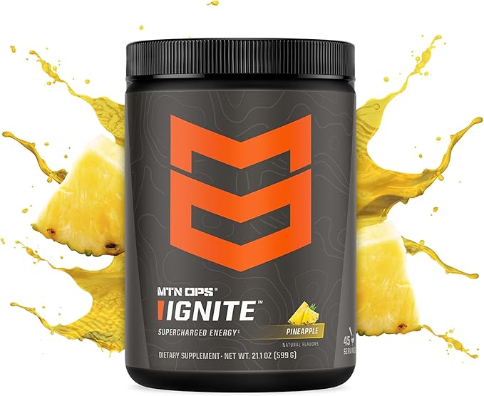 MTN OPS Ignite Sugar Free Energy Drink Powder with 200mg Caffeine, Nootropic Blend for Energy, Focus & Endurance, L Arginine & L Citrulline Pre Workout, 45 Servings, Pineapple