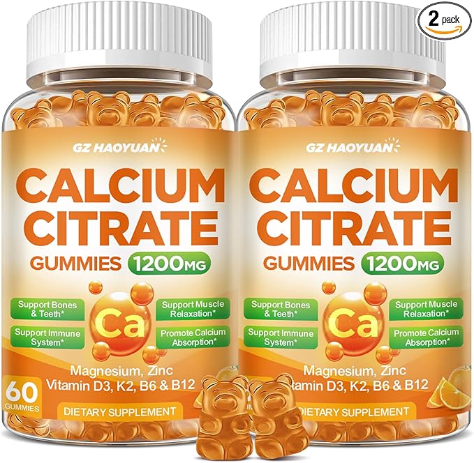 Calcium Citrate Gummies - 1200mg Calcium Gummies Supplements for Women & Men with Vitamin D3, K2, Magnesium, Zinc High Absorption for Bone, Muscle & Immune Support, Orange Flavor, 120 Count