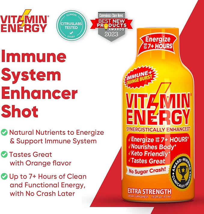 Vitamin Energy Immune+ Extra Strength Energy Shot Orange Burst 12 Pack, 260mg Natural Caffeine, B-Vitamins, Citicoline, Green Tea, Immunity & Focus Support, Zero Sugar, Gluten-Free 1.93 fl oz