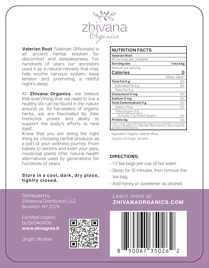 Valerian Root Tea Organic (40 Tea Bags) - Valeriana Herb – Calming Herbal Infusion for Sleep, Healthy Stress Response - Te para Dormir de Noche